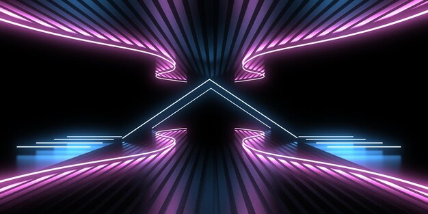 Fundo abstrato 3D com luzes de néon. túnel de néon. . construção do espaço. Ilustração .3d