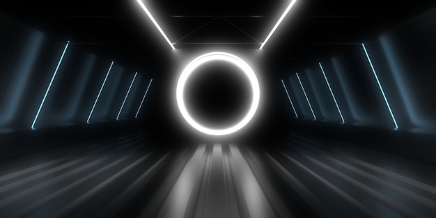 Fundo abstrato 3D com luzes de néon. túnel de néon. construção do espaço. Ilustração 3D