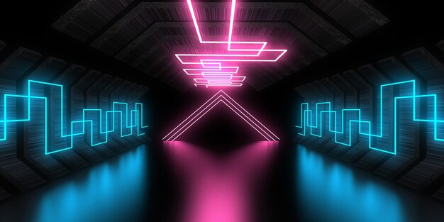 Fundo abstrato 3D com luzes de néon. túnel de néon. construção do espaço. Ilustração .3d