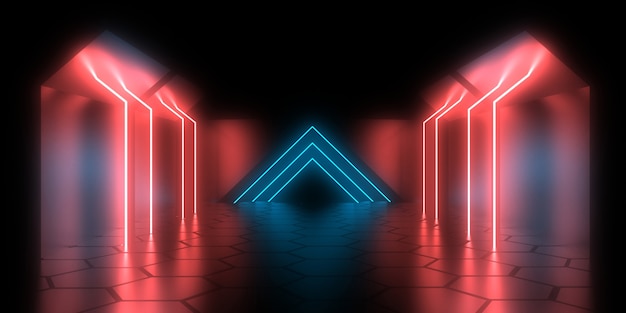 Fundo abstrato 3D com luzes de néon. túnel de néon. Ilustração 3D