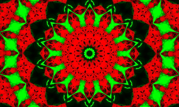Fundo abstrato colorido com ornamento vermelho-esverdeado. Padrão de caleidoscópio para design. Flor vermelha estilizada sobre um fundo verde.