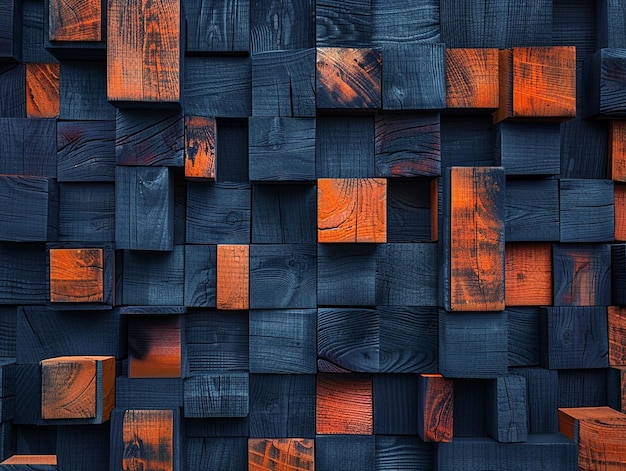 Fundo abstrato com blocos de textura de madeira laranja azul escuro e teal gerados por ai