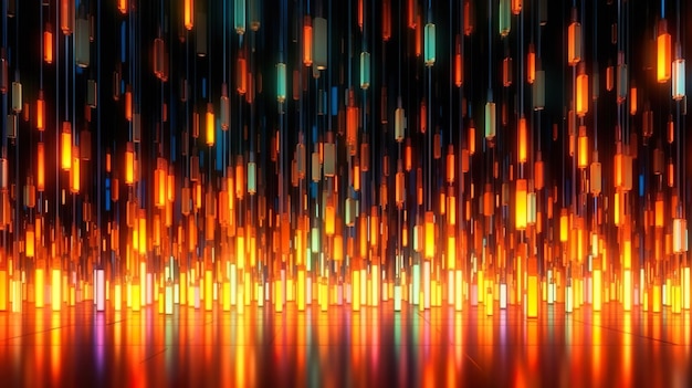 Fundo abstrato com composição de sala iluminada com muitas lâmpadas em luzes laranja Lanternas brilhantes decoração papel de parede moderno Ilustração horizontal para design de banner Generative AI