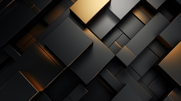 Fundo abstrato com elementos metálicos pretos e dourados Ilustração de renderização 3D IA geradora