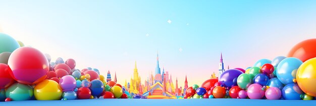 Fundo abstrato com esferas voadoras multicoloridas e um castelo Espaço de cópia de fundo de bolhas multicoloridas Esferas pastel matte coloridas e brilhantes de diferentes tamanhos em fundo azul claro