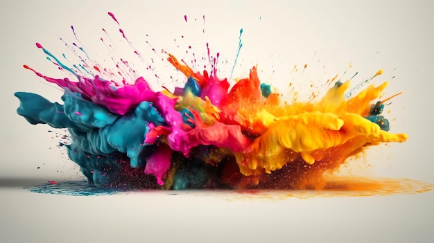 Fundo abstrato com explosão de cores molhadas do arco-íris Explosão de tinta com gotas salpicadas Papel de parede brilhante com efeito dinâmico de movimento líquido Ilustração horizontal para design de banner IA generativa