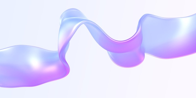 Fundo abstrato com fita iridescente holográfica renderização 3d Forma colorida ondulada e curvilínea de plástico de vidro ou acrílico com textura de gradiente roxo azul voando fluxo de forma líquida