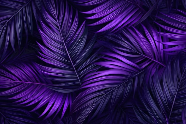 Fundo abstrato com folhas de palmeira de cor neon Plantas exóticas tropicais com iluminação ultravioleta