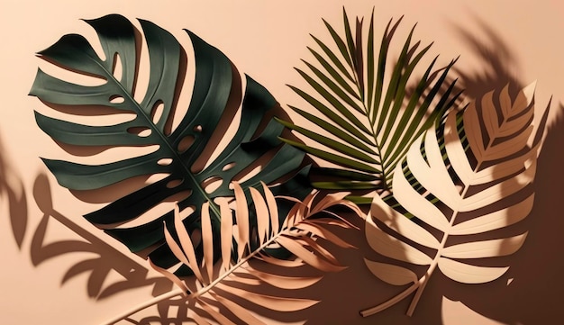 Fundo abstrato com folhas de palmeira tropical sombra na parede bege Design minimalista criativo com espaço para cópia Conceito de verão plano para gerar Ai