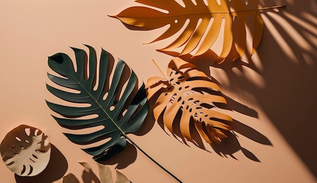 Fundo abstrato com folhas de palmeira tropical sombra na parede bege Design minimalista criativo com espaço para cópia Conceito de verão plano para gerar Ai