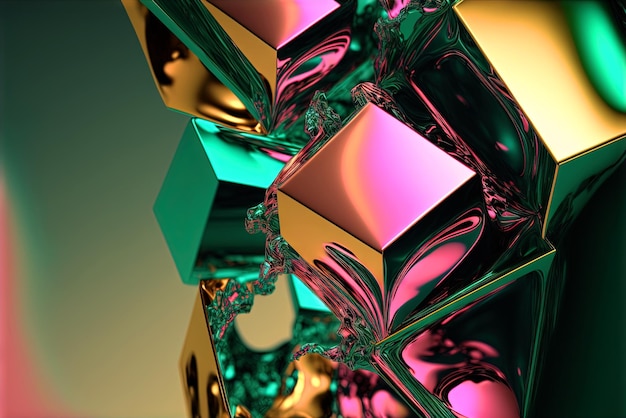 Fundo abstrato com formas douradas 3D gratuitas fluindo e derretendo em movimento surreal Fundo de formas abstratas salpicadas suaves com inclusão de cristal verde e roxo IA gerada