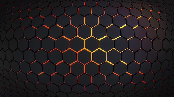 Fundo abstrato com hexágonos escuros e lava na parte inferior