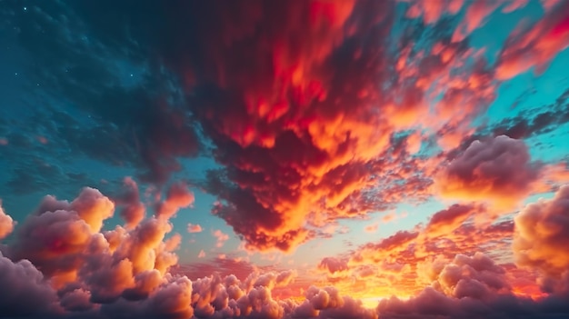 Fundo abstrato com lindo céu com nuvens fofas brilhantes ao pôr do sol em vista aérea Paisagem do céu nublado da altura do avião Ilustração horizontal para design de banner Generative AI