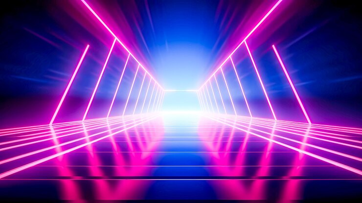Fundo abstrato com linhas de néon brilhantes em cores azuis e ultravioleta