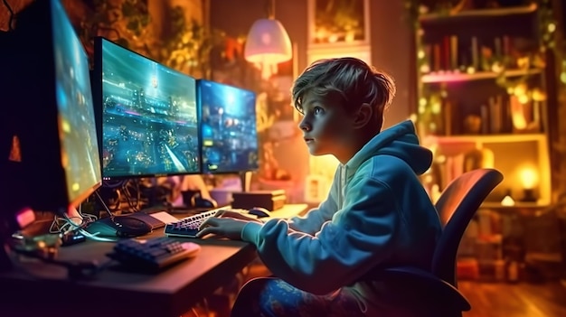 Foto fundo abstrato com menino jogador sentado em telas de computador na sala aconchegante garoto jogando videogame conceito de jogos e entretenimento online ilustração horizontal para design de banner ia generativa