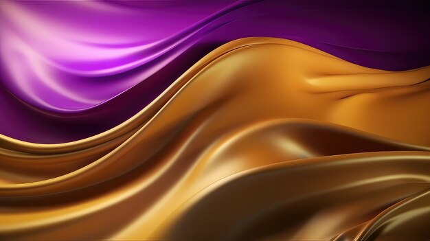 Fundo abstrato com onda 3D ouro brilhante e tecido de seda gradiente roxo AI generativa