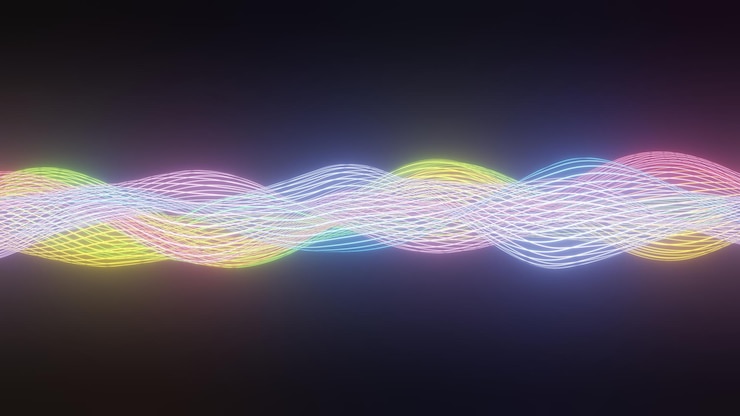 Foto fundo abstrato com ondas sonoras de partículas coloridas dinâmicas. onda de trilha sonora musical para registro. mistura 3d. projeto de oscilação de som. elemento para tecnologia de tema futurista. gradiente rgb