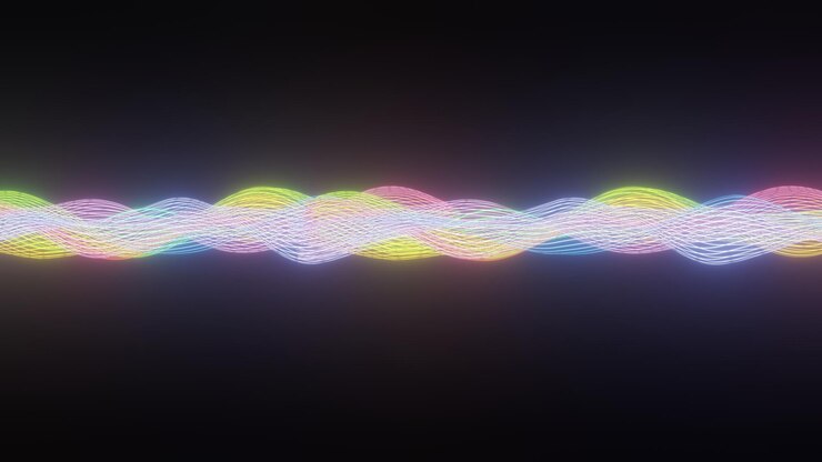 Foto fundo abstrato com ondas sonoras de partículas coloridas dinâmicas. onda de trilha sonora musical para registro. mistura 3d. projeto de oscilação de som. elemento para tecnologia de tema futurista. gradiente rgb