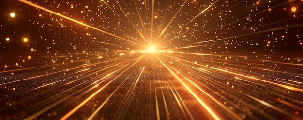 Fundo abstrato com raios de luz dourados e brilhantes em um fundo castanho