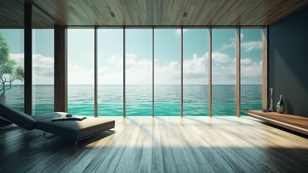 Fundo abstrato com sala de estar vazia com móveis com janela panorâmica Papel de parede de verão com lindo apartamento com vista para o mar Ilustração horizontal para design de banner Generative AI