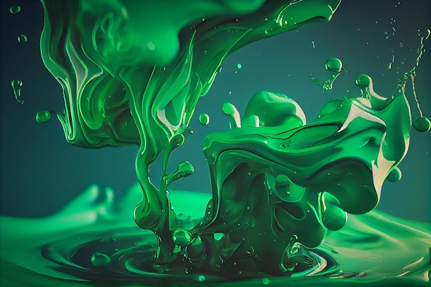 Fundo abstrato com salpicos de tinta a óleo verde e preto e bolhas generativas ai