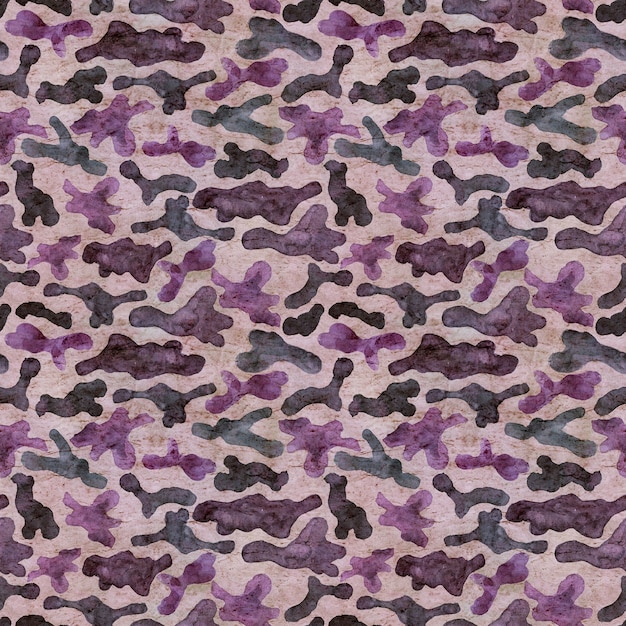 Fundo abstrato da camuflagem da caça militar da moda. padrão de floresta sem emenda. textura de floresta de cores marrom, rosa, roxo e azul. aquarela pintada à mão ilustração em papel velho.