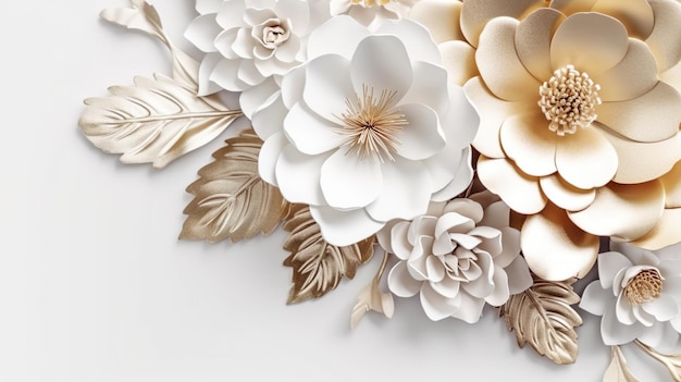 Fundo abstrato da composição do quadro do buquê com flores brancas ou douradas e folhas metálicas Papel de parede com borda floral papercut Ilustração horizontal para design de banner Generative AI