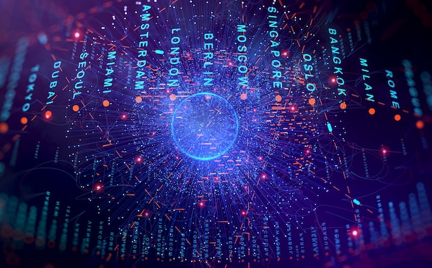 Fundo abstrato de Big Data de infográficos de dados visuais com pontos e linhas de néon