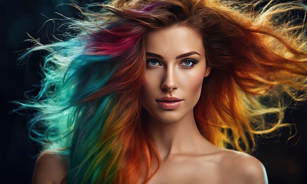 Foto fundo abstrato de cabelos suaves e vibrantes multicoloridos em bagunça