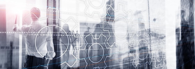 Fundo abstrato de engrenagens de dupla exposição do conceito de internet de tecnologia de negócios