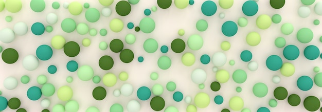 Fundo abstrato de esferas de tons verdes espalhadas aleatoriamente, ilustração 3D