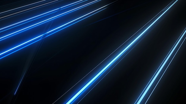 Fundo abstrato de faixas de luz de néon azul diagonal em um fundo escuro sugerindo velocidade technolo