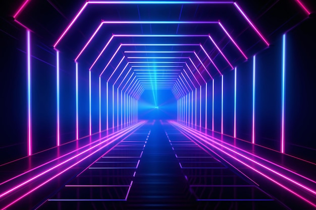 Fundo abstrato de luz de neon Hexágono túnel ou corredor luzes brilhantes de neon violeta Linhas de laser