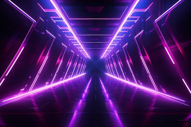 Fundo abstrato de luz de neon Túnel ou corredor luzes brilhantes de neon violeta Linhas de laser e LED