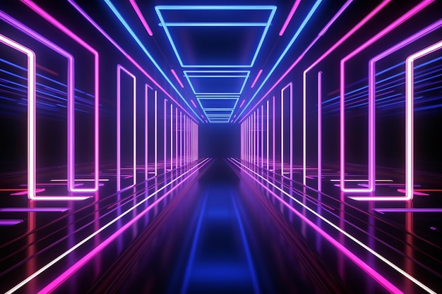 Fundo abstrato de luz de neon Túnel quadrado ou corredor luzes brilhantes de neon violeta Linhas de laser