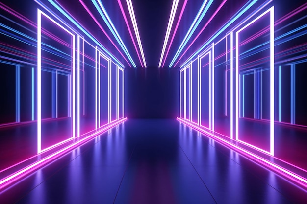 Fundo abstrato de luz de neon Túnel quadrado ou corredor luzes brilhantes de neon violeta Linhas de laser