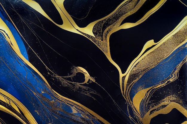 Fundo abstrato de mármore azul e dourado Navi tinta acrílica decorativa derramando textura de mármore de rocha h