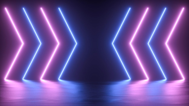 Fundo abstrato de néon com setas azuis e cor-de-rosa com reflexo belo conceito de néon