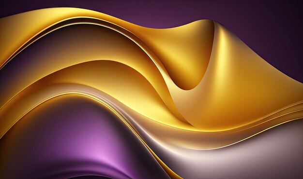 Fundo abstrato de onda 3D etéreo em tecido de seda gradiente dourado brilhante e roxo