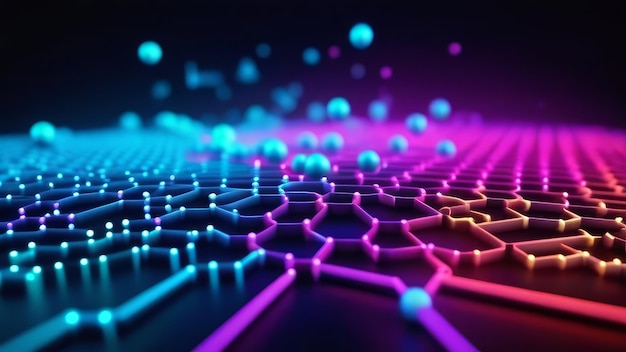 Foto fundo abstrato de uma rede de partículas de moléculas azuis e cor-de-rosa em luz de néon