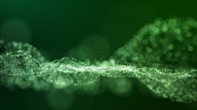 Fundo abstrato digital verde escuro com partículas de onda, brilhos de brilho e espaço com profundidade de campo.