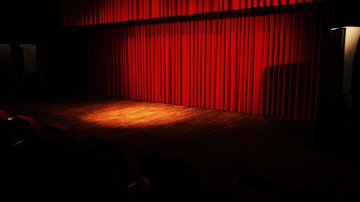 Foto fundo abstrato do palco vazio e renderização de ilustração 3d de cortina vermelha