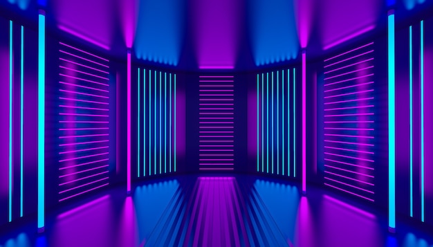 Fundo abstrato do quarto rosa violeta azul néon. Palco vazio da decoração do pódio ultravioleta. Painéis de parede brilhantes. Interior do clube noturno. Ilustração 3D.