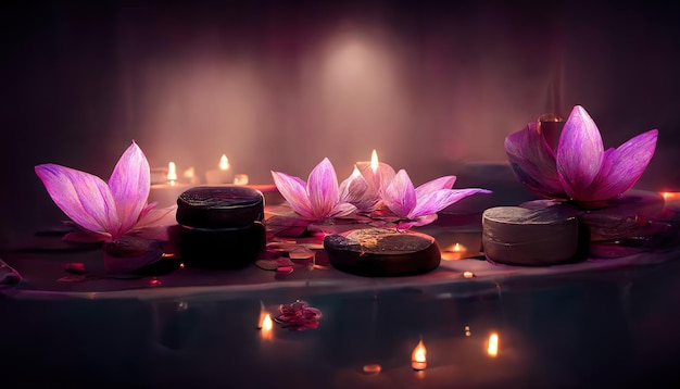 Fundo abstrato do spa interior com velas, pétalas de rosa e lótus, ilustração 3D, renderização