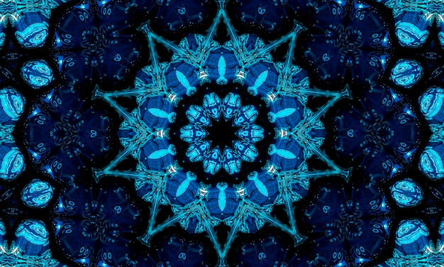 Fundo abstrato do teste padrão do caleidoscópio azul da Marinha. Padrão de círculo. Fundo abstrato do caleidoscópio do fractal. Resumo fractal padrão geométrico ornamento simétrico. Padrão de caleidoscópio azul.