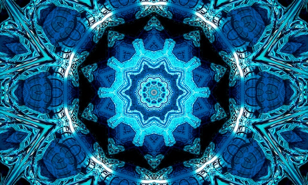 Fundo abstrato do teste padrão do caleidoscópio azul da marinha. padrão de círculo. fundo abstrato do caleidoscópio do fractal. resumo fractal padrão geométrico ornamento simétrico. padrão de caleidoscópio azul