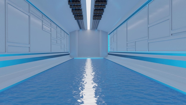 Fundo abstrato do túnel de piscina Sci Fi renderização de ilustração 3D de nave espacial futurista moderna