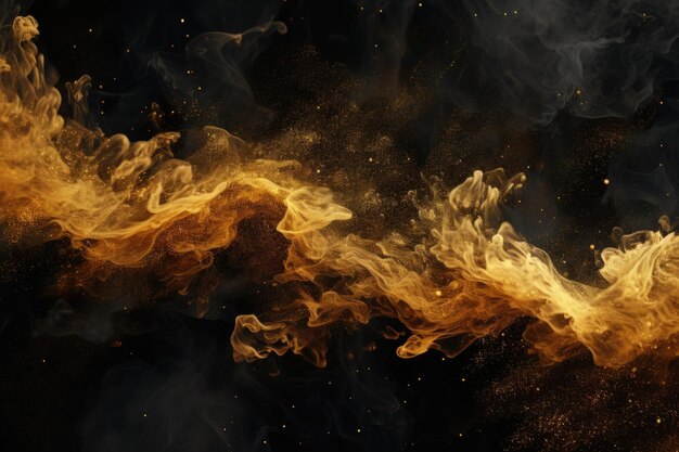 Foto fundo abstrato dourado com fumaça preta e explosão de tinta giratória