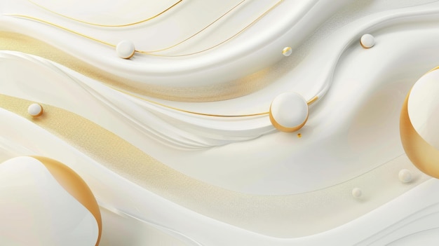 Fundo abstrato elegante com padrões de ondas lisas brancas e douradas acentuadas por esferas