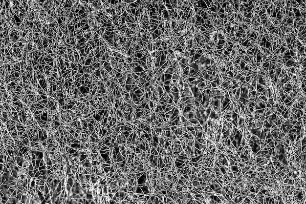 Fundo abstrato escuro e padrão de fibras de cabelos entrelaçados e nanofibras Detalhes da esponja textura textura da esponja closeup fundo Textura da esponja de celulose Preto e branco